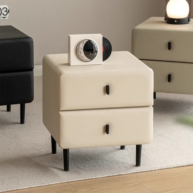 Modern Minimalist Solid Wood & Plywood Faux Leather Rectangular Nightstand With 2-Drawer Design For Bedroom
