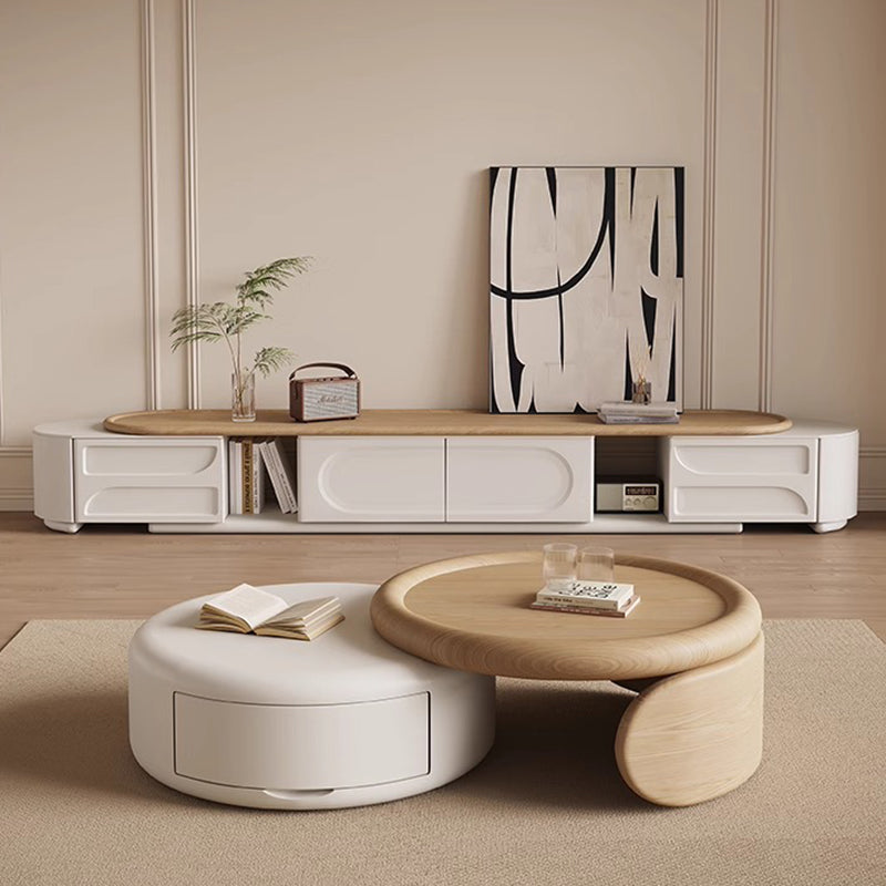 Contemporary Scandinavian Solid Wood Plywood MDF Round Coffee Table Set With Expandable Design 1-Drawer Storage For Living Room