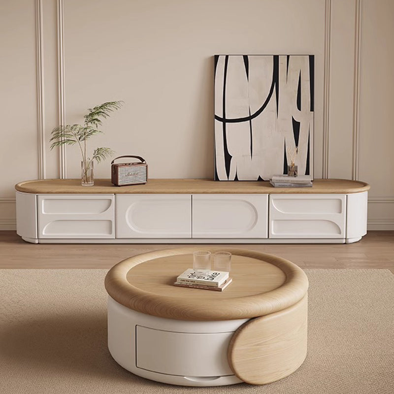 Contemporary Scandinavian Solid Wood Plywood MDF Round Coffee Table Set With Expandable Design 1-Drawer Storage For Living Room