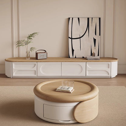 Contemporary Scandinavian Solid Wood Plywood MDF Round Coffee Table Set With Expandable Design 1-Drawer Storage For Living Room