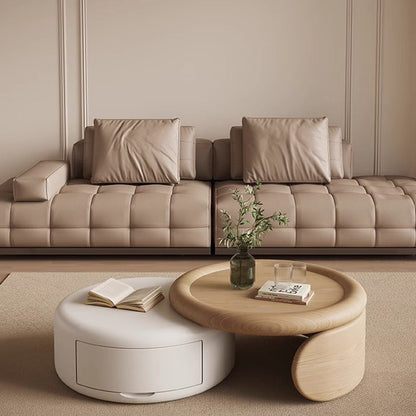 Contemporary Scandinavian Solid Wood Plywood MDF Round Coffee Table Set With Expandable Design 1-Drawer Storage For Living Room