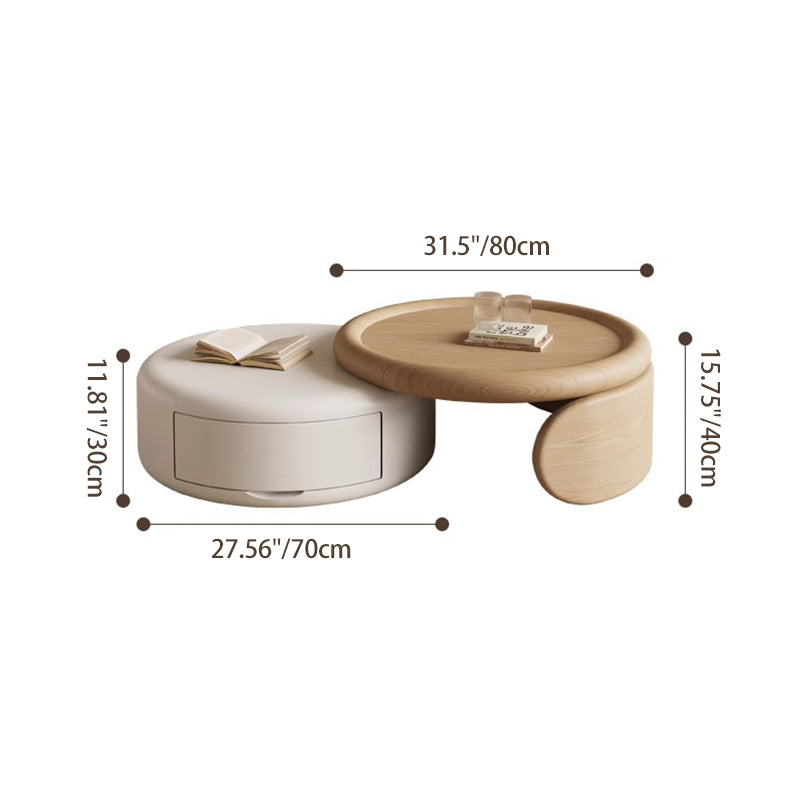 Contemporary Scandinavian Solid Wood Plywood MDF Round Coffee Table Set With Expandable Design 1-Drawer Storage For Living Room