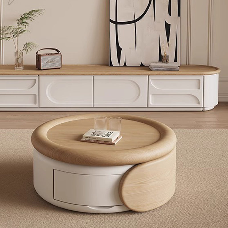 Contemporary Scandinavian Solid Wood Plywood MDF Round Coffee Table Set With Expandable Design 1-Drawer Storage For Living Room
