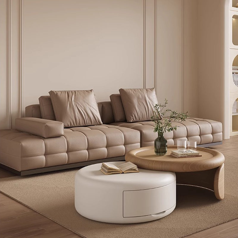 Contemporary Scandinavian Solid Wood Plywood MDF Round Coffee Table Set With Expandable Design 1-Drawer Storage For Living Room