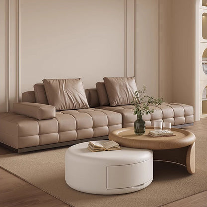 Contemporary Scandinavian Solid Wood Plywood MDF Round Coffee Table Set With Expandable Design 1-Drawer Storage For Living Room