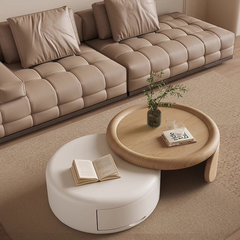 Contemporary Scandinavian Solid Wood Plywood MDF Round Coffee Table Set With Expandable Design 1-Drawer Storage For Living Room