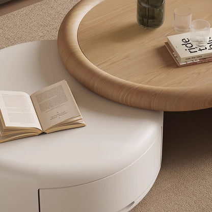 Contemporary Scandinavian Solid Wood Plywood MDF Round Coffee Table Set With Expandable Design 1-Drawer Storage For Living Room
