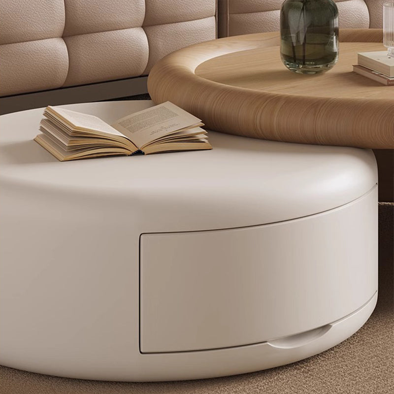 Contemporary Scandinavian Solid Wood Plywood MDF Round Coffee Table Set With Expandable Design 1-Drawer Storage For Living Room