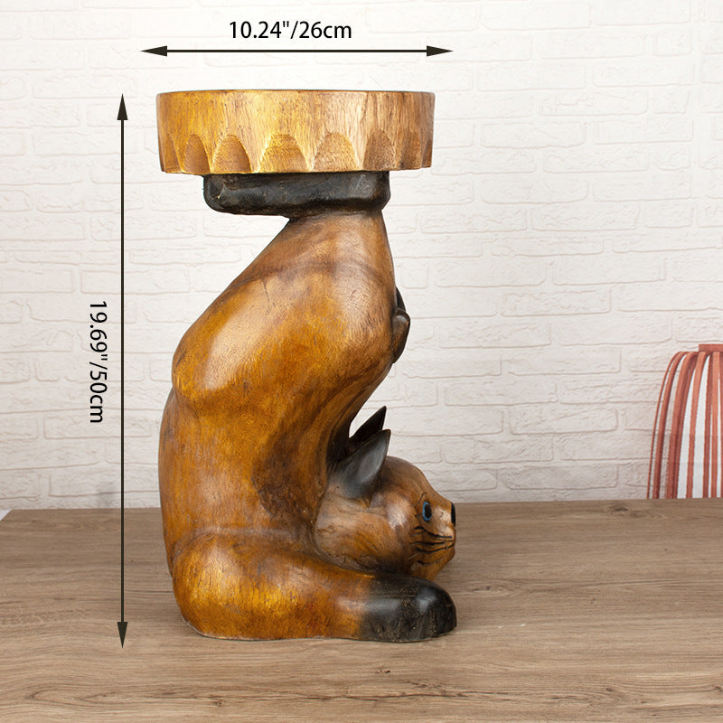 Contemporary Creative Solid Wood Cat Design Side Table For Living Room - Hand-Carved Accent Table In Natural Wood