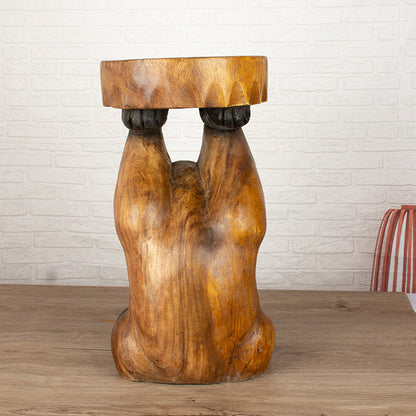 Contemporary Creative Solid Wood Cat Design Side Table For Living Room - Hand-Carved Accent Table In Natural Wood