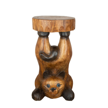 Contemporary Creative Solid Wood Cat Design Side Table For Living Room - Hand-Carved Accent Table In Natural Wood