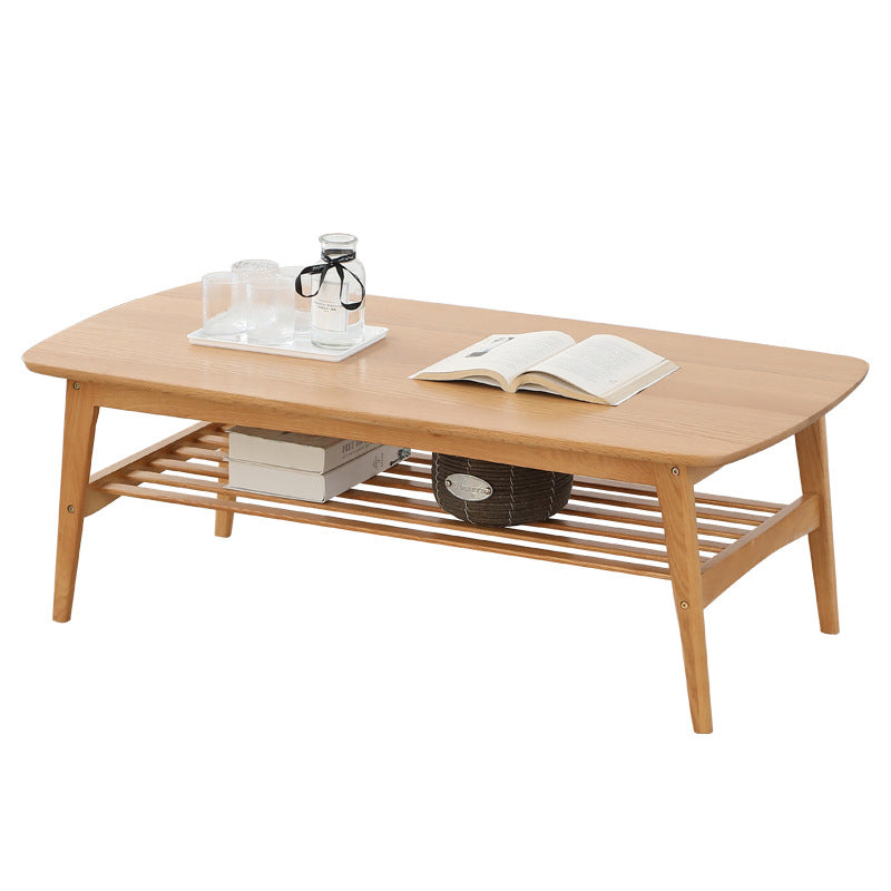 Contemporary Nordic Oak Rounded-Edge Coffee Table With 2-Tier Storage For Living Room