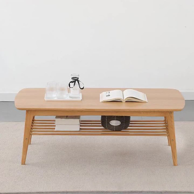 Contemporary Nordic Oak Rounded-Edge Coffee Table With 2-Tier Storage For Living Room