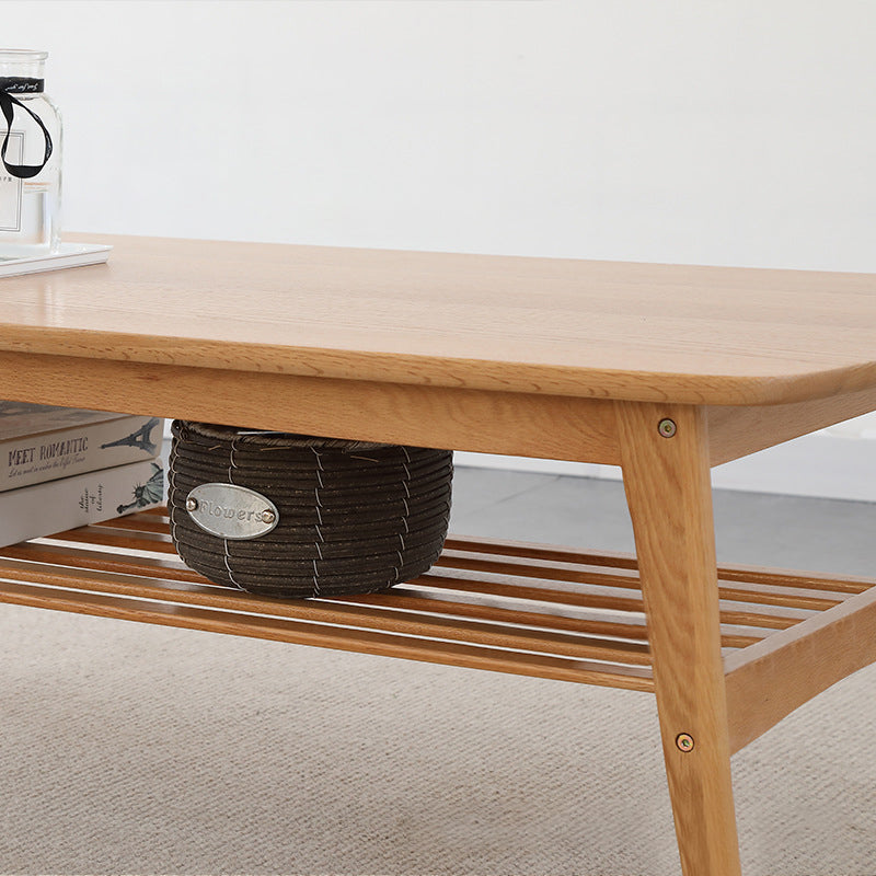 Contemporary Nordic Oak Rounded-Edge Coffee Table With 2-Tier Storage For Living Room