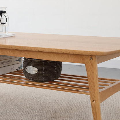 Contemporary Nordic Oak Rounded-Edge Coffee Table With 2-Tier Storage For Living Room
