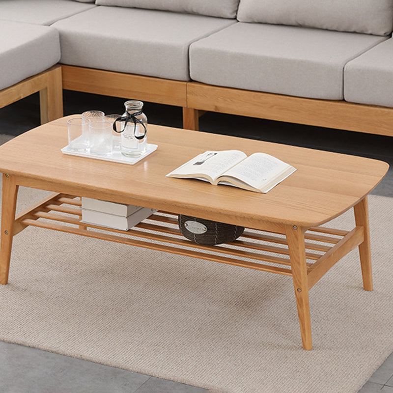 Contemporary Nordic Oak Rounded-Edge Coffee Table With 2-Tier Storage For Living Room