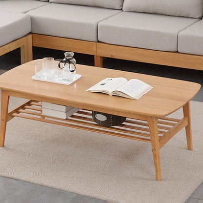 Contemporary Nordic Oak Rounded-Edge Coffee Table With 2-Tier Storage For Living Room