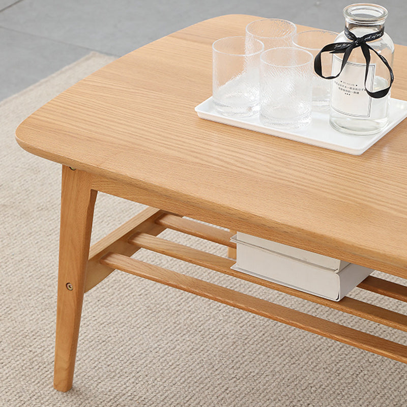 Contemporary Nordic Oak Rounded-Edge Coffee Table With 2-Tier Storage For Living Room