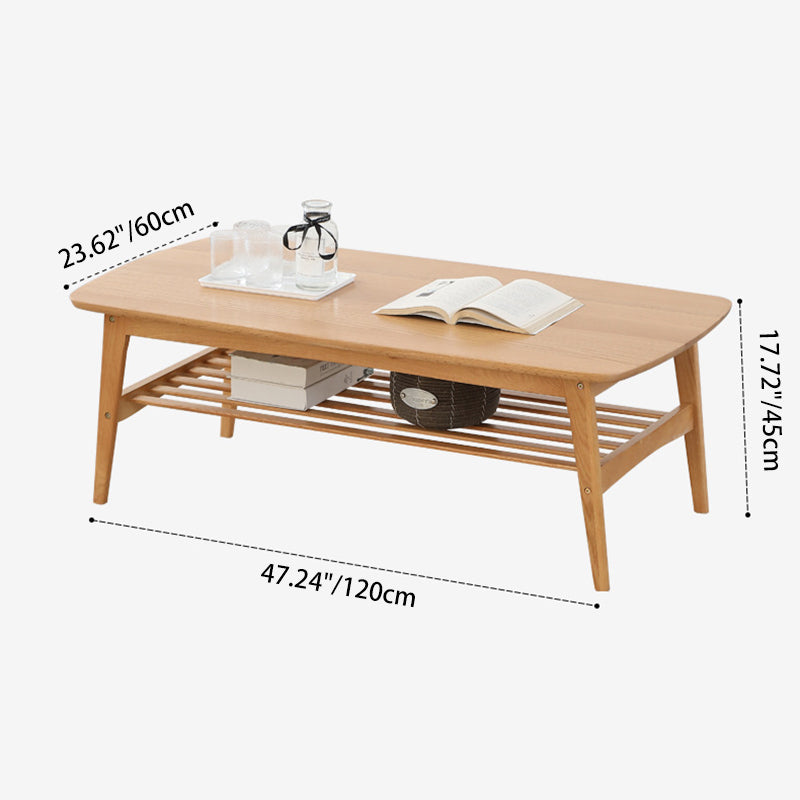 Contemporary Nordic Oak Rounded-Edge Coffee Table With 2-Tier Storage For Living Room