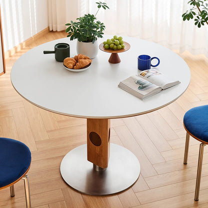 Modern Mid-Century Solid Wood Stone Slab Top Stainless Steel Round Dining Table For 5/7 Seats