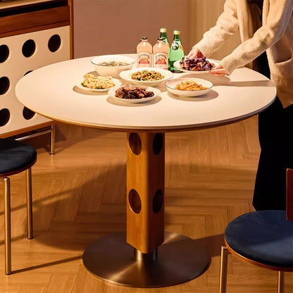 Modern Mid-Century Solid Wood Stone Slab Top Stainless Steel Round Dining Table For 5/7 Seats