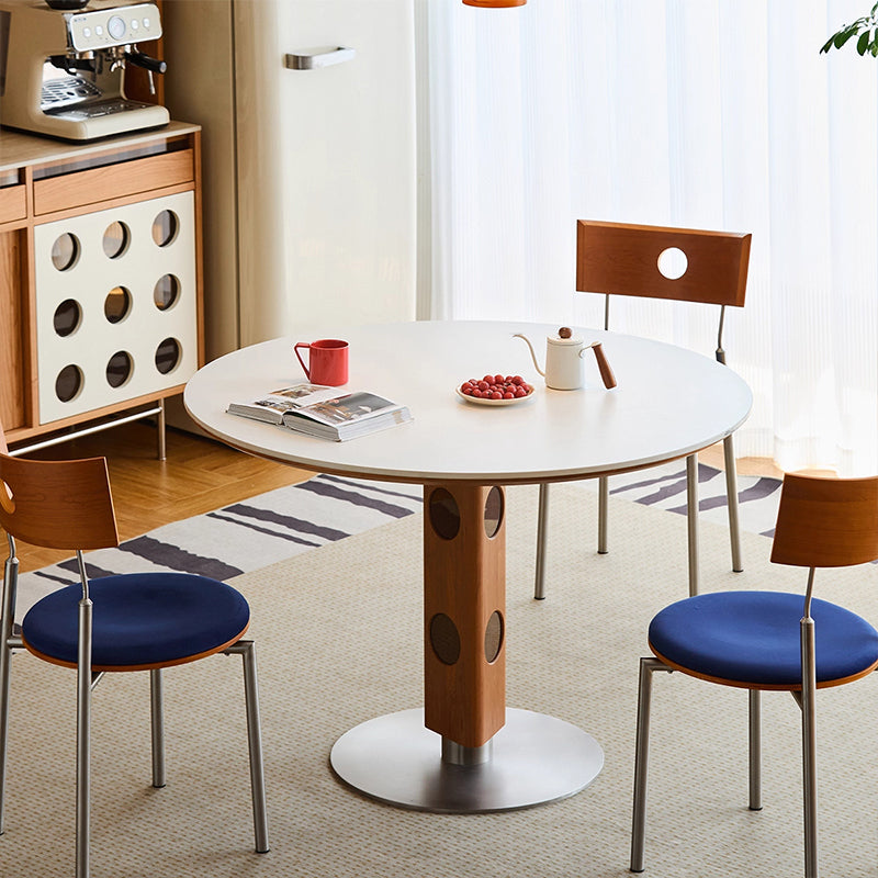 Modern Mid-Century Solid Wood Stone Slab Top Stainless Steel Round Dining Table For 5/7 Seats