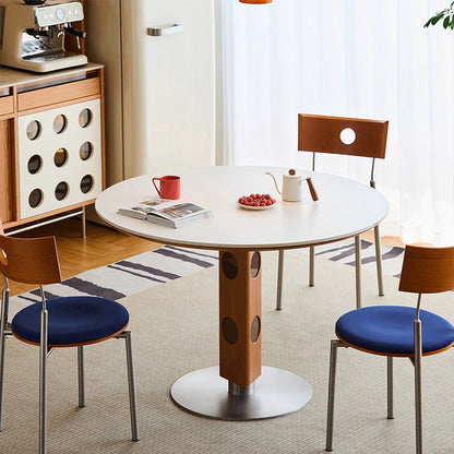 Modern Mid-Century Solid Wood Stone Slab Top Stainless Steel Round Dining Table For 5/7 Seats