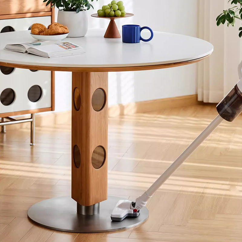 Modern Mid-Century Solid Wood Stone Slab Top Stainless Steel Round Dining Table For 5/7 Seats