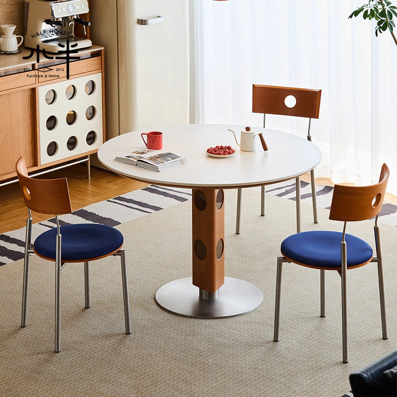 Modern Mid-Century Solid Wood Stone Slab Top Stainless Steel Round Dining Table For 5/7 Seats