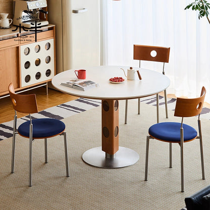 Modern Mid-Century Solid Wood Stone Slab Top Stainless Steel Round Dining Table For 5/7 Seats