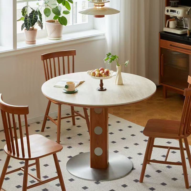 Modern Mid-Century Solid Wood Stone Slab Top Stainless Steel Round Dining Table For 5/7 Seats