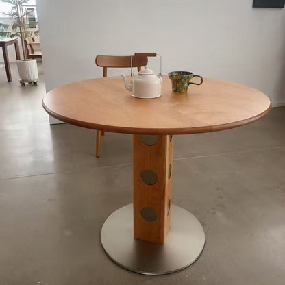 Modern Mid-Century Solid Wood Stone Slab Top Stainless Steel Round Dining Table For 5/7 Seats
