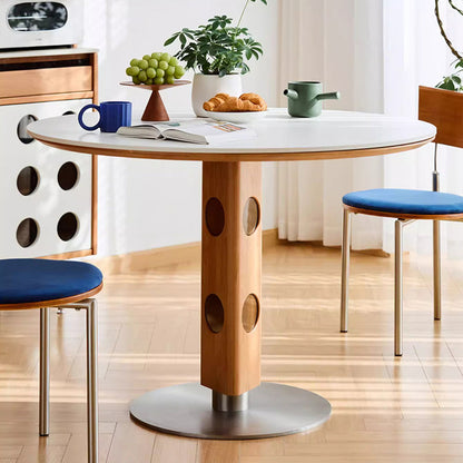 Modern Mid-Century Solid Wood Stone Slab Top Stainless Steel Round Dining Table For 5/7 Seats