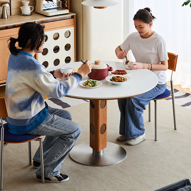 Modern Mid-Century Solid Wood Stone Slab Top Stainless Steel Round Dining Table For 5/7 Seats