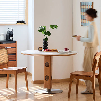 Modern Mid-Century Solid Wood Stone Slab Top Stainless Steel Round Dining Table For 5/7 Seats