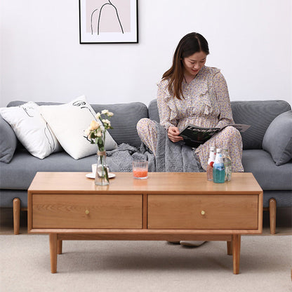 Modern Minimalist Solid Wood Rectangular Coffee Table With 2-Drawer For Living Room