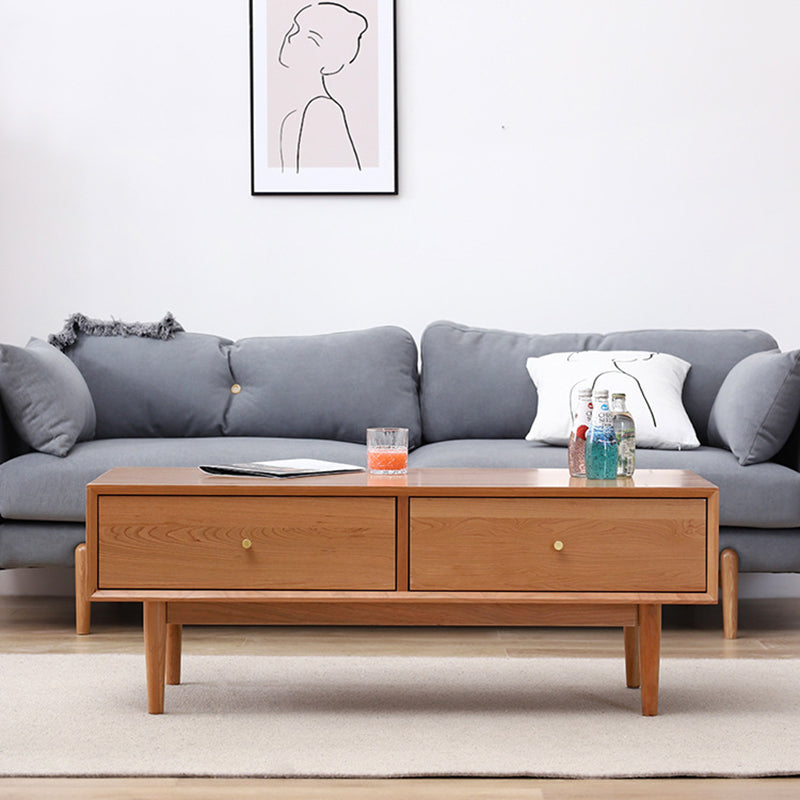 Modern Minimalist Solid Wood Rectangular Coffee Table With 2-Drawer For Living Room