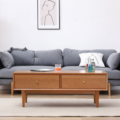 Modern Minimalist Solid Wood Rectangular Coffee Table With 2-Drawer For Living Room
