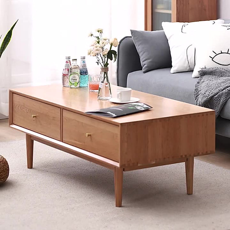 Modern Minimalist Solid Wood Rectangular Coffee Table With 2-Drawer For Living Room