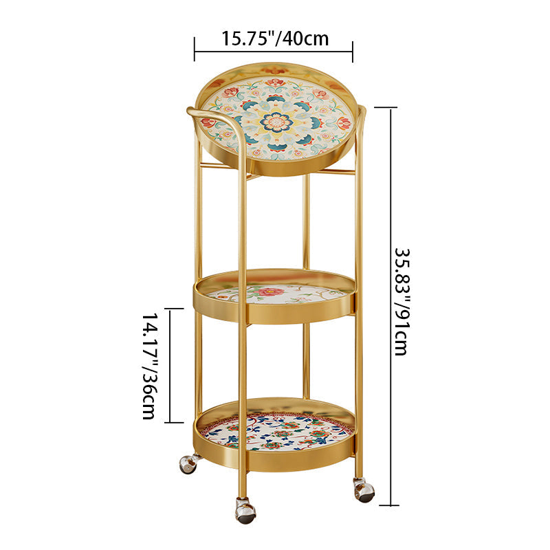Contemporary Retro Iron Round Patterned Side Table With Wheels For Living Room