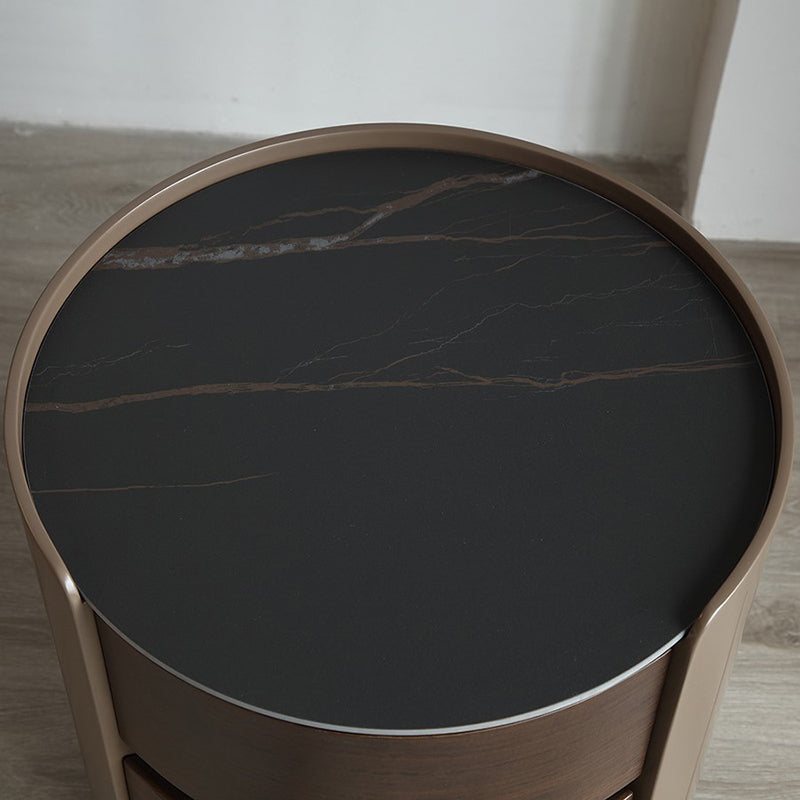 Modern Luxury Plywood Frame Stone Slab Top Round Nightstand 2-Drawer For Bedroom