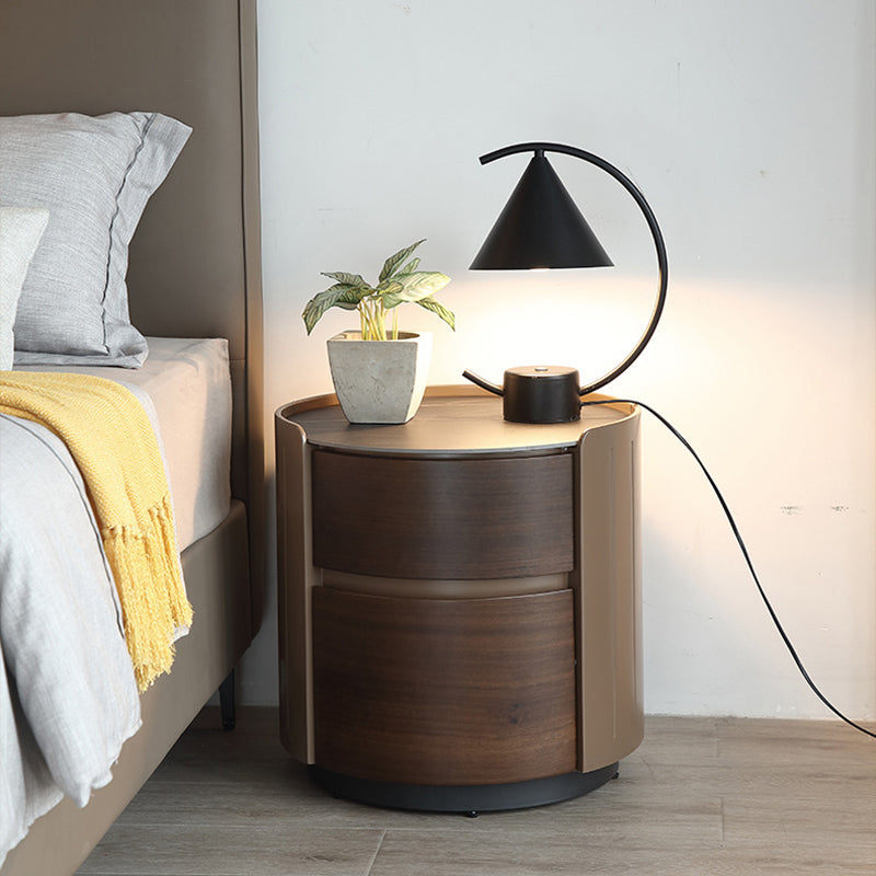Modern Luxury Plywood Frame Stone Slab Top Round Nightstand 2-Drawer For Bedroom
