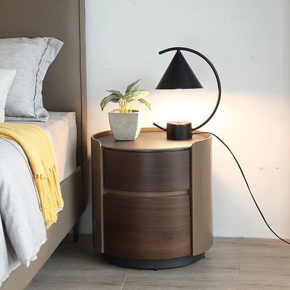 Modern Luxury Plywood Frame Stone Slab Top Round Nightstand 2-Drawer For Bedroom