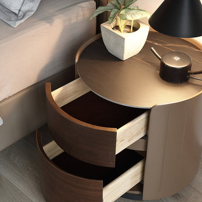 Modern Luxury Plywood Frame Stone Slab Top Round Nightstand 2-Drawer For Bedroom