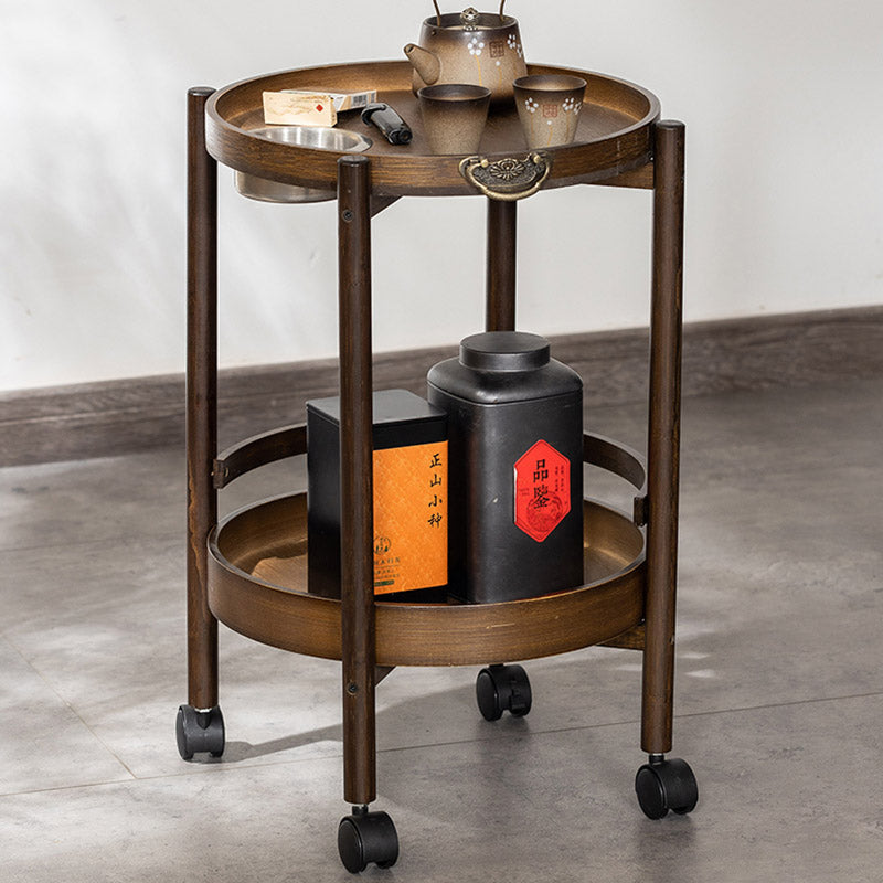 Traditional Chinese Bamboo Round Side Table 2-Tier Storage Removable Top With Rolling Casters And Ashtray For Living Room