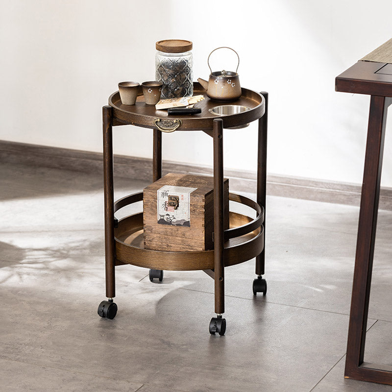 Traditional Chinese Bamboo Round Side Table 2-Tier Storage Removable Top With Rolling Casters And Ashtray For Living Room