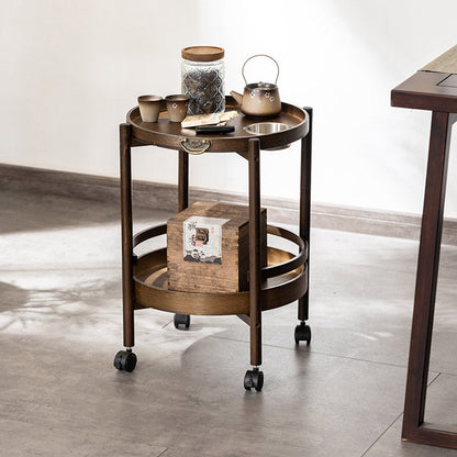 Traditional Chinese Bamboo Round Side Table 2-Tier Storage Removable Top With Rolling Casters And Ashtray For Living Room