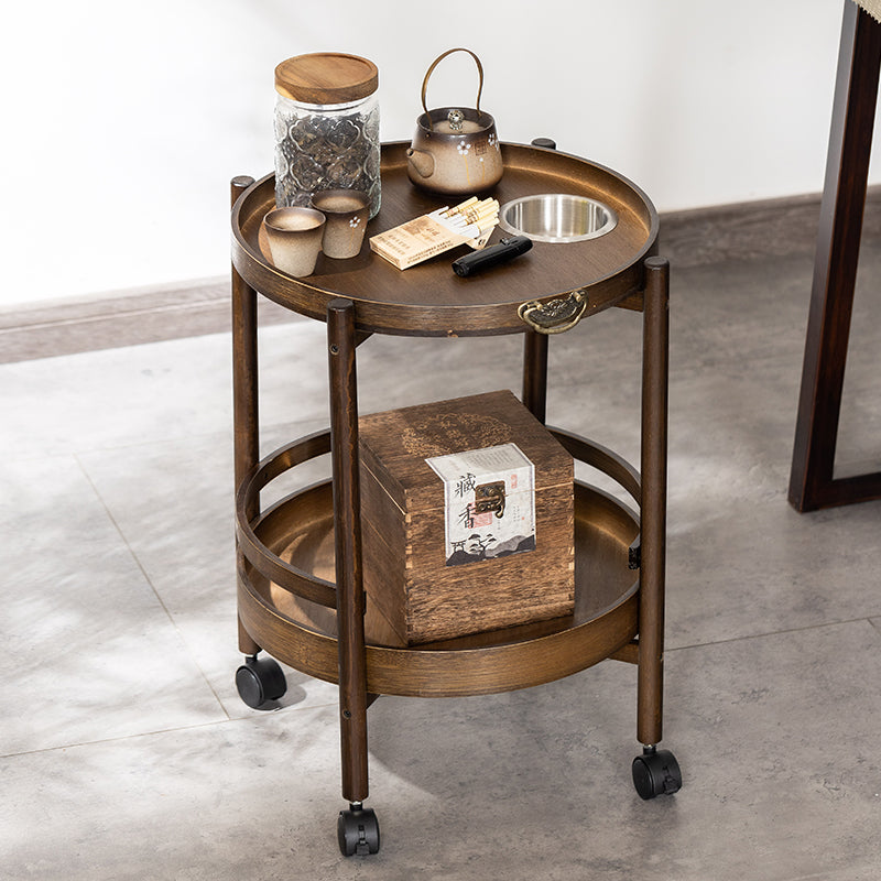 Traditional Chinese Bamboo Round Side Table 2-Tier Storage Removable Top With Rolling Casters And Ashtray For Living Room