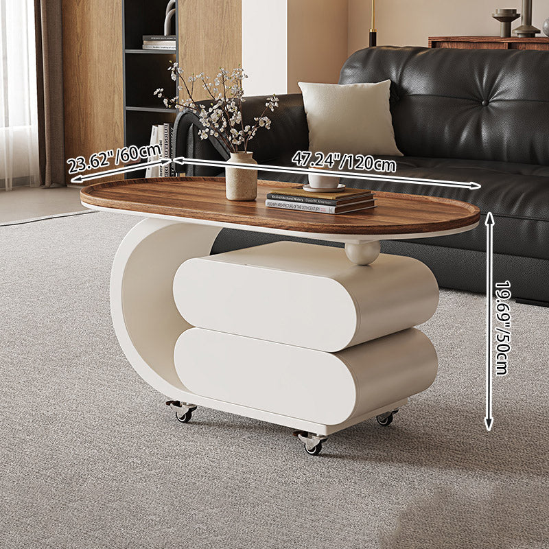 Modern Minimalist Solid Wood Carbon Steel MDF Top Oval Rolling Coffee Table With 2 Drawers For Living Room