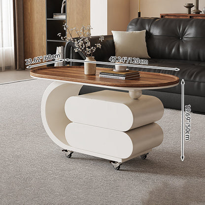 Modern Minimalist Solid Wood Carbon Steel MDF Top Oval Rolling Coffee Table With 2 Drawers For Living Room